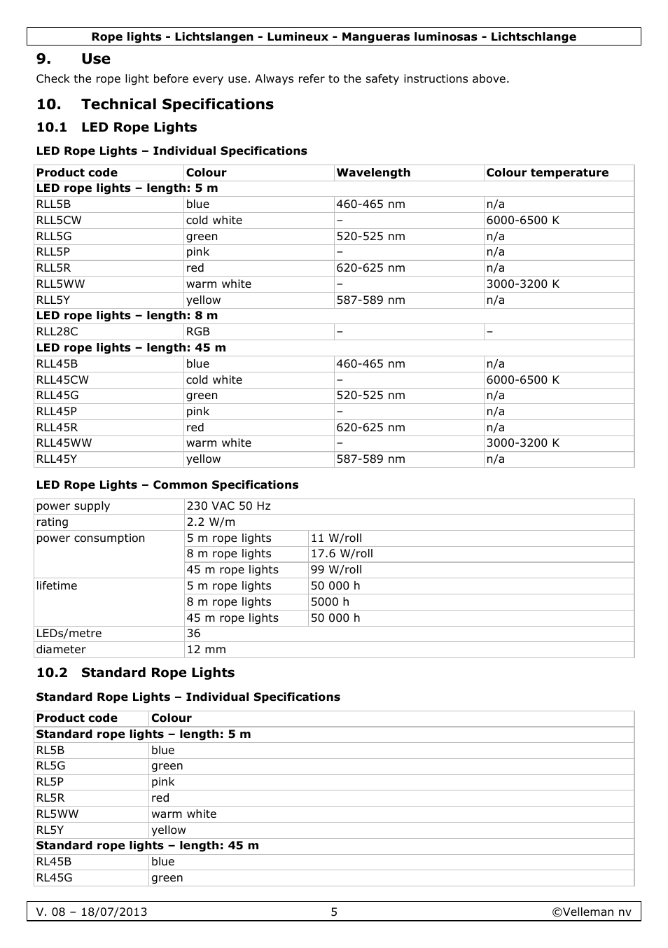 Technical specifications, 1 led rope lights, Led rope lights – individual specifications | Led rope lights – common specifications, 2 standard rope lights, Standard rope lights – individual specifications | Velleman VDLRL28x User Manual | Page 5 / 30