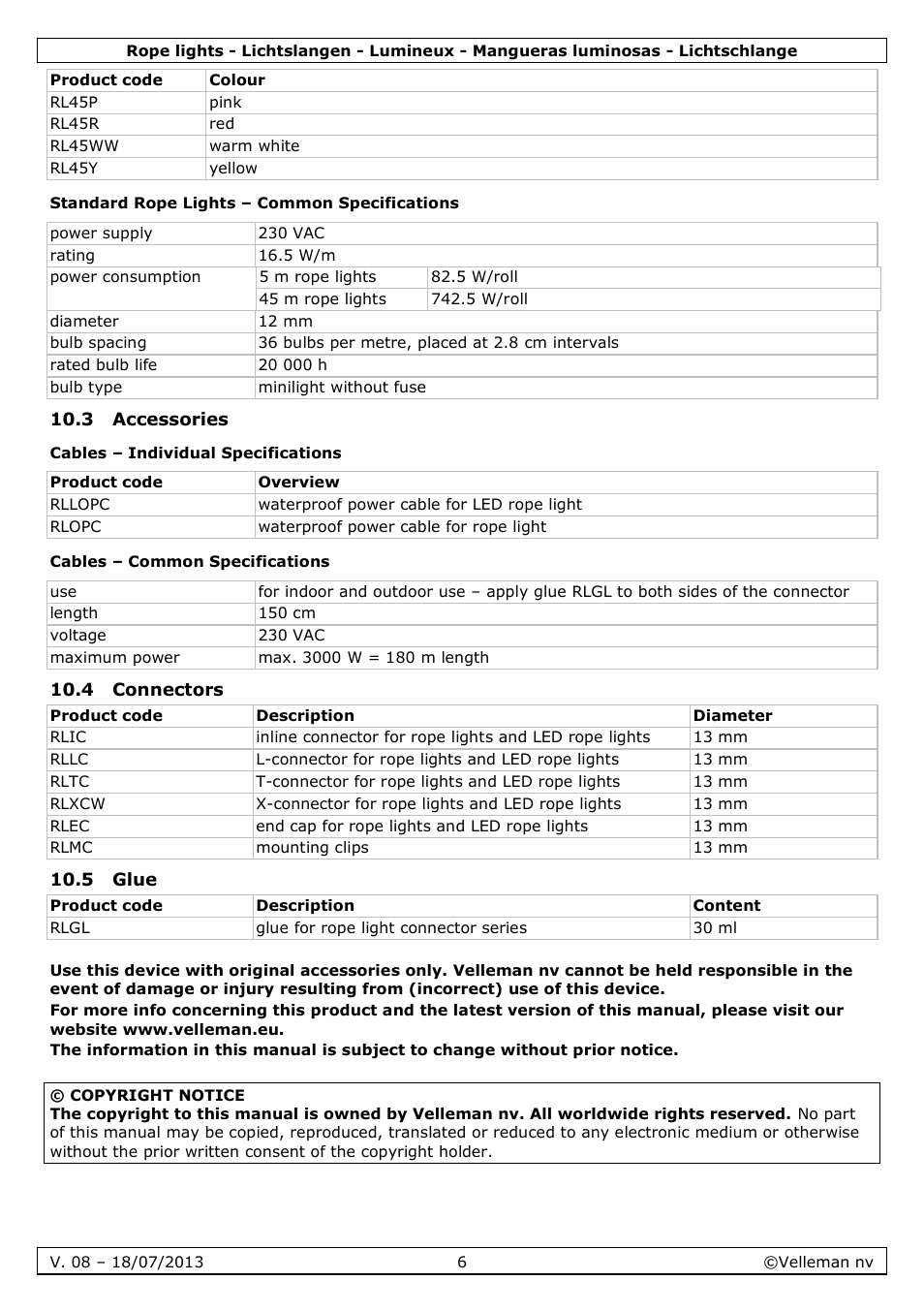 Standard rope lights – common specifications, 3 accessories, Cables – individual specifications | Cables – common specifications, 4 connectors, 5 glue | Velleman VDLRL28x User Manual | Page 6 / 30