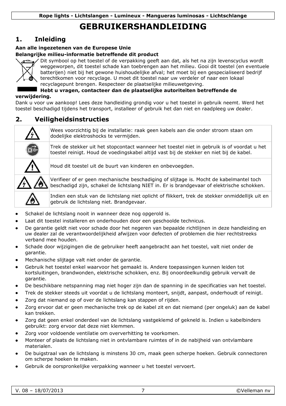 Gebruikershandleiding, Inleiding, Veiligheidsinstructies | Velleman VDLRL28x User Manual | Page 7 / 30