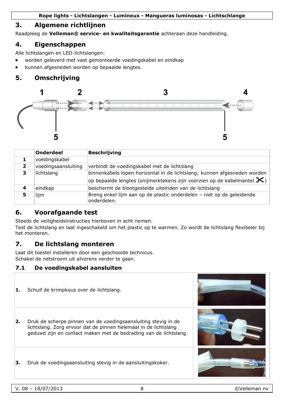 Algemene richtlijnen, Eigenschappen, Omschrijving | Voorafgaande test, De lichtslang monteren, 1 de voedingskabel aansluiten | Velleman VDLRL28x User Manual | Page 8 / 30