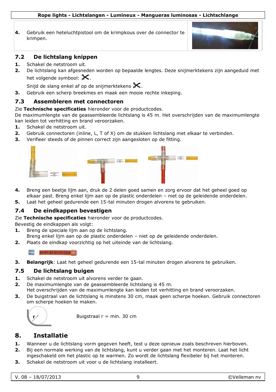 2 de lichtslang knippen, 3 assembleren met connectoren, 4 de eindkappen bevestigen | 5 de lichtslang buigen, Installatie | Velleman VDLRL28x User Manual | Page 9 / 30