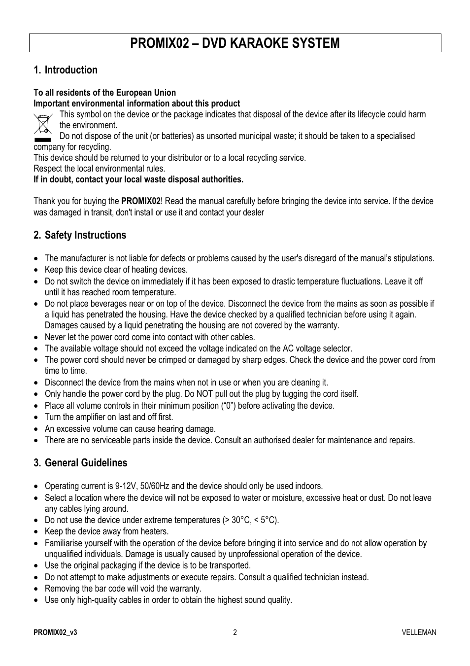 Promix, X02 – dv, Vd kar | Raoke s, System | Velleman PROMIX02 User Manual | Page 2 / 12