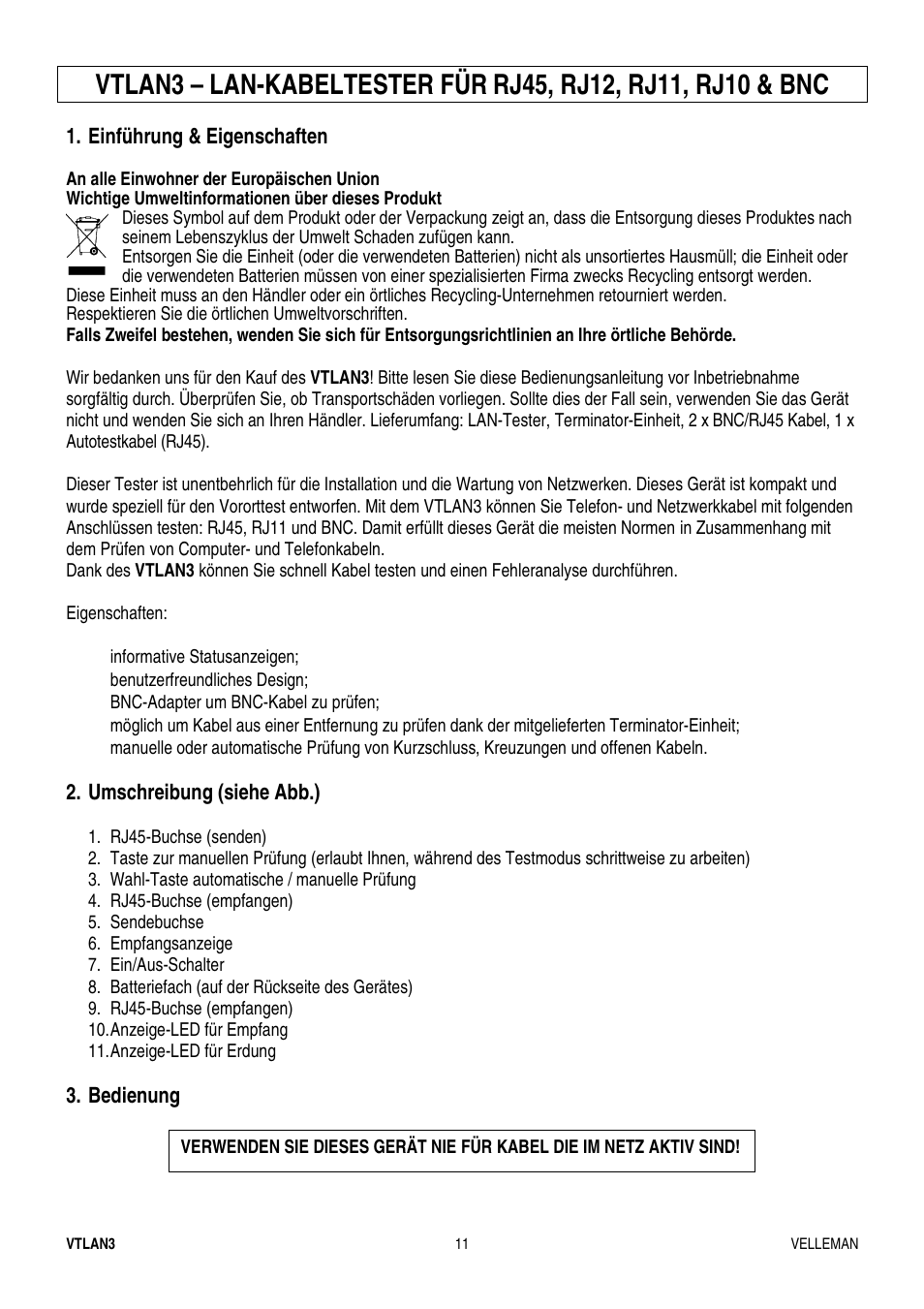 Vtlan3 – lan-kabeltester für | Velleman VTLAN3 User Manual | Page 11 / 12