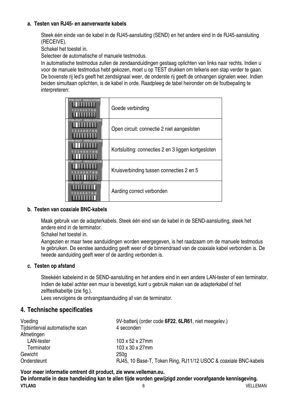 Technische specificaties | Velleman VTLAN3 User Manual | Page 6 / 12