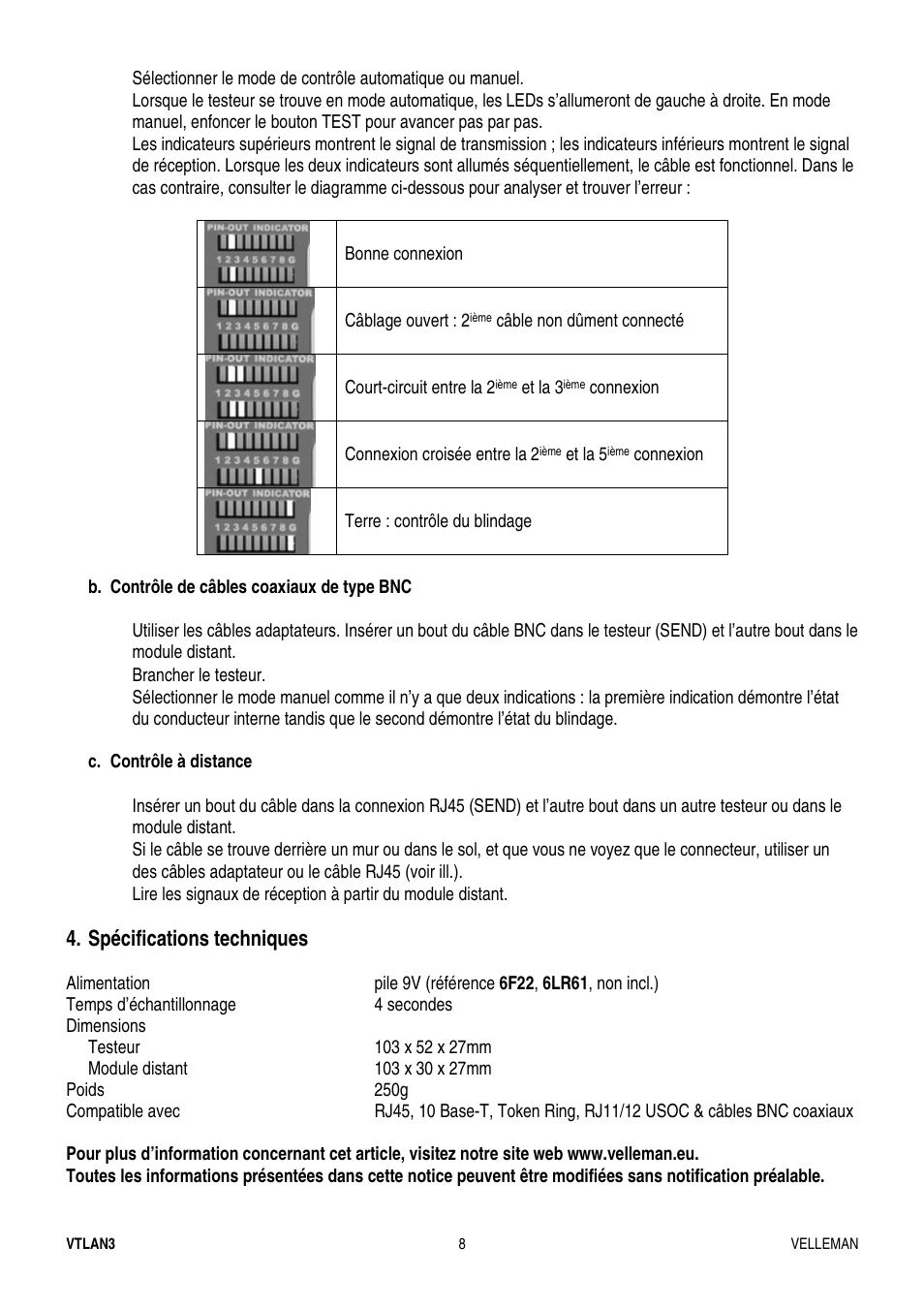Spécifications techniques | Velleman VTLAN3 User Manual | Page 8 / 12