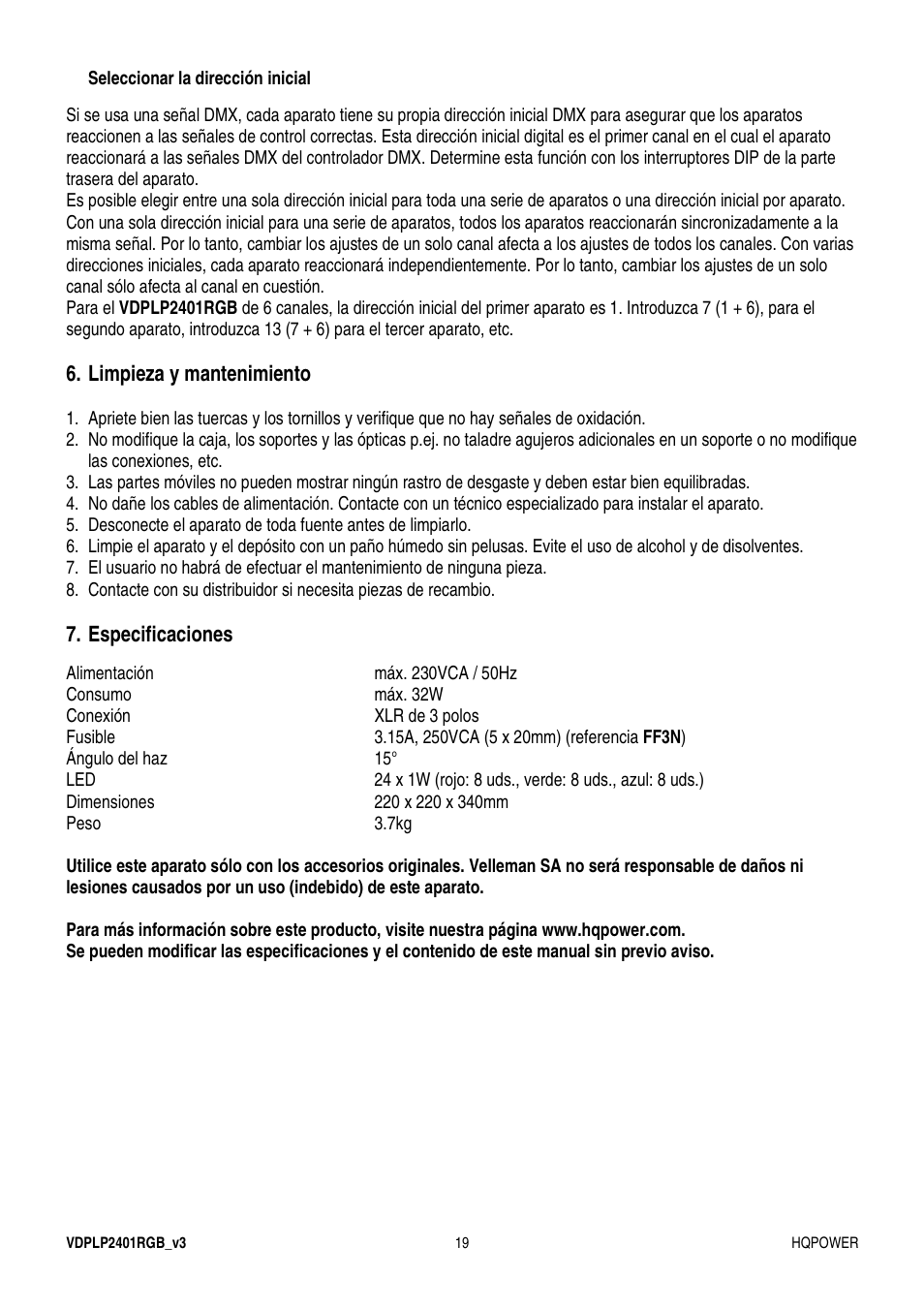 Velleman VDPLP2401RGB User Manual | Page 19 / 24