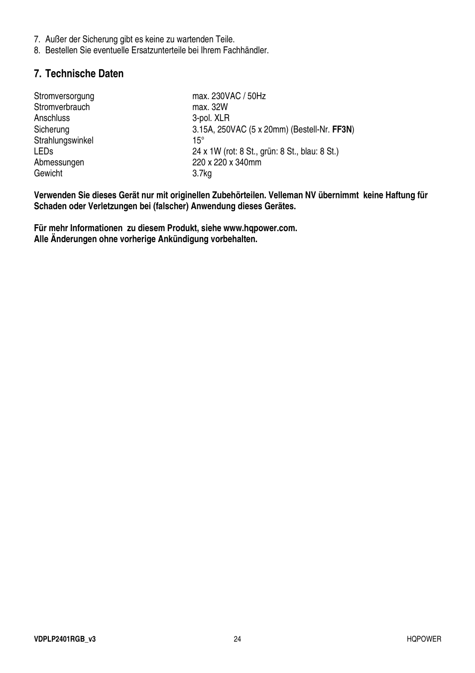 Velleman VDPLP2401RGB User Manual | Page 24 / 24