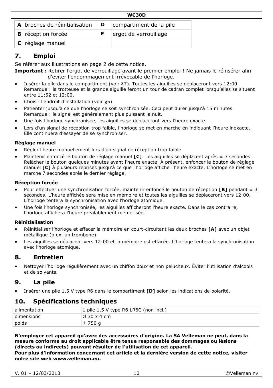 Emploi, Réglage manuel, Réception forcée | Réinitialisation, Entretien, La pile, Spécifications techniques | Velleman WC30D User Manual | Page 10 / 26