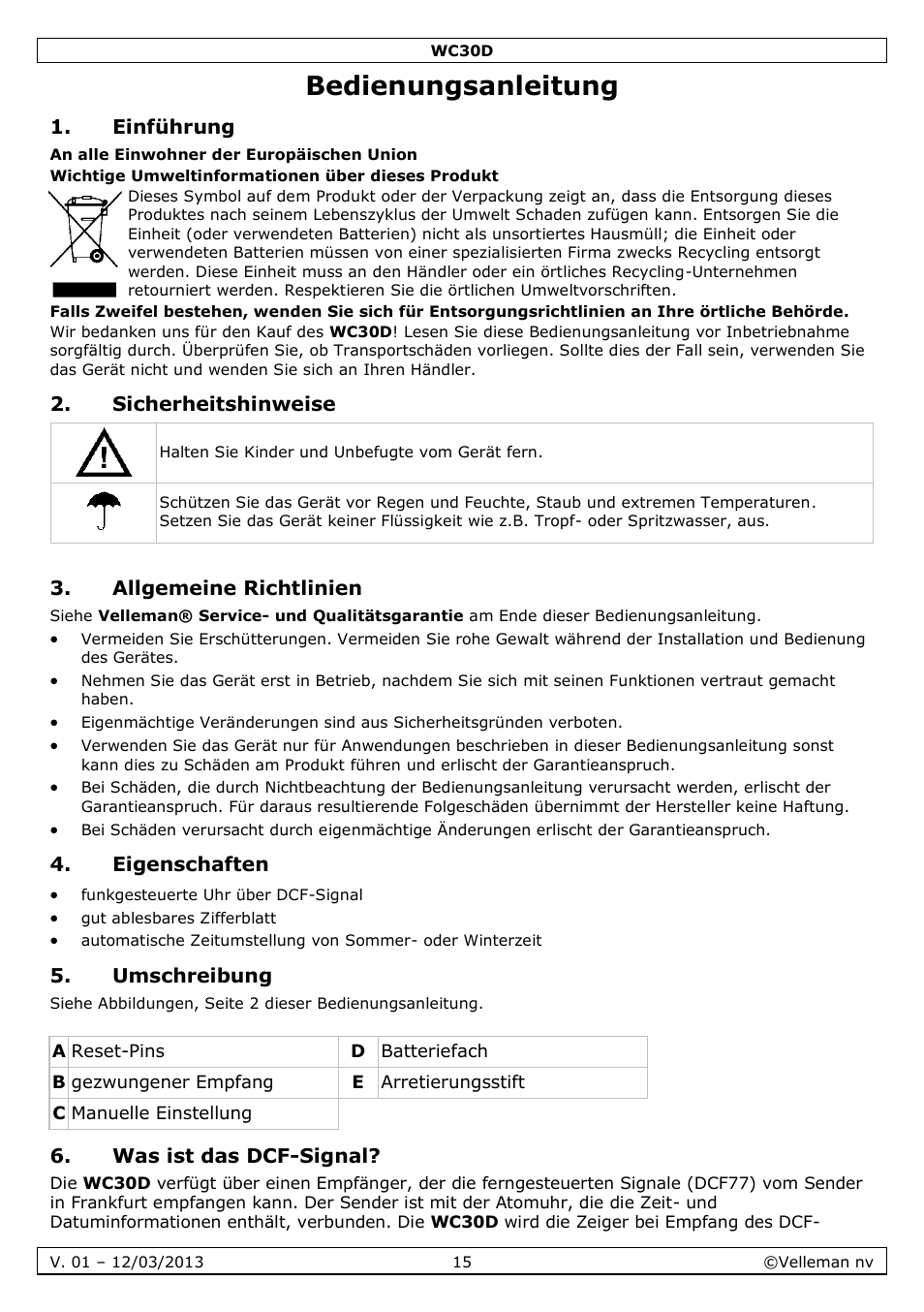 Bedienungsanleitung, Einführung, Sicherheitshinweise | Allgemeine richtlinien, Eigenschaften, Umschreibung, Was ist das dcf-signal | Velleman WC30D User Manual | Page 15 / 26