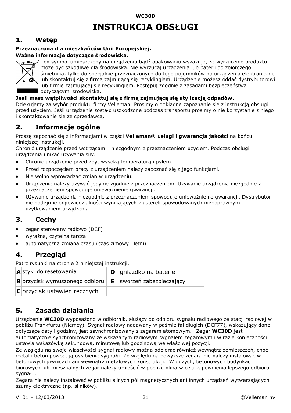 Instrukcja obsługi, Wstęp, Informacje ogólne | Cechy, Przegląd, Zasada działania | Velleman WC30D User Manual | Page 21 / 26