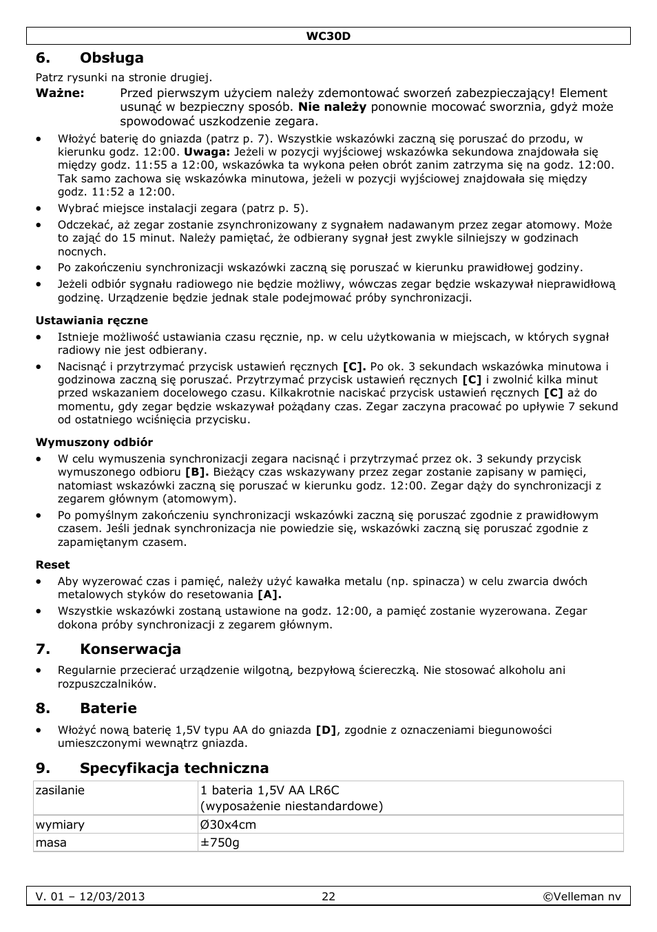 Obsługa, Ustawiania ręczne, Wymuszony odbiór | Reset, Konserwacja, Baterie, Specyfikacja techniczna | Velleman WC30D User Manual | Page 22 / 26