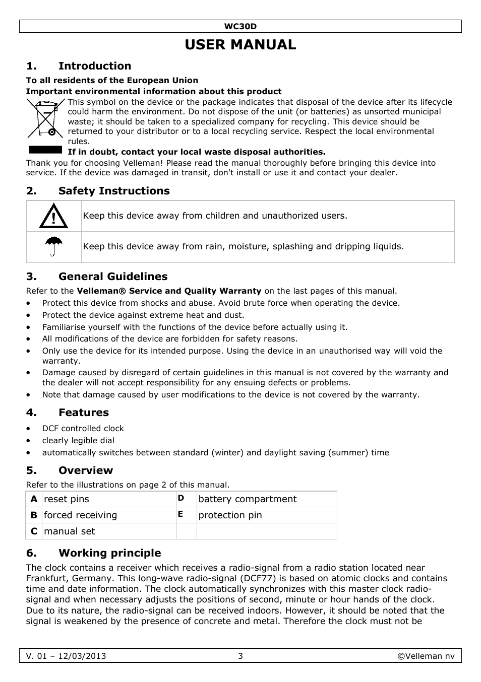 User manual, Introduction, Safety instructions | General guidelines, Features, Overview, Working principle | Velleman WC30D User Manual | Page 3 / 26