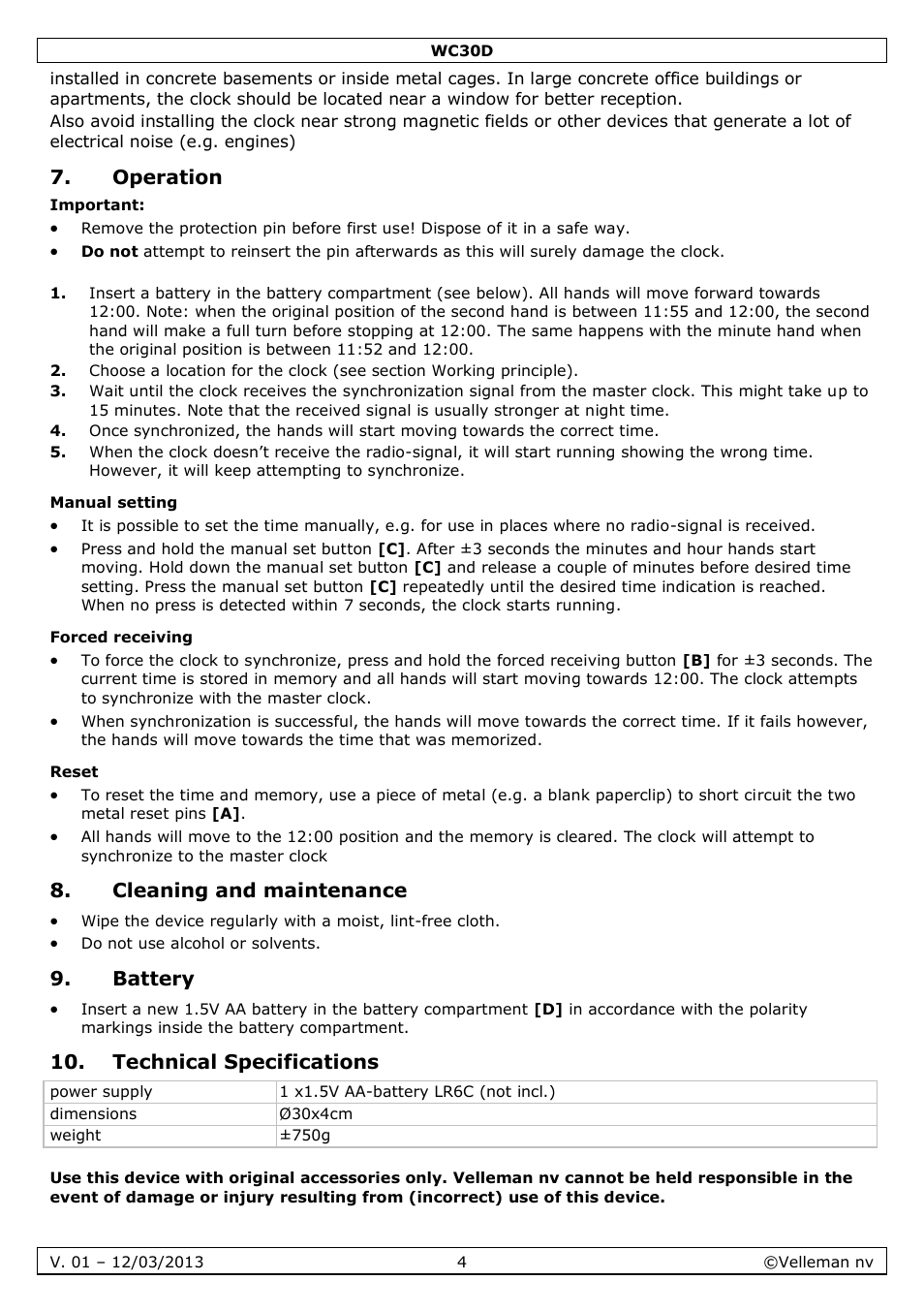 Operation, Manual setting, Forced receiving | Reset, Cleaning and maintenance, Battery, Technical specifications | Velleman WC30D User Manual | Page 4 / 26