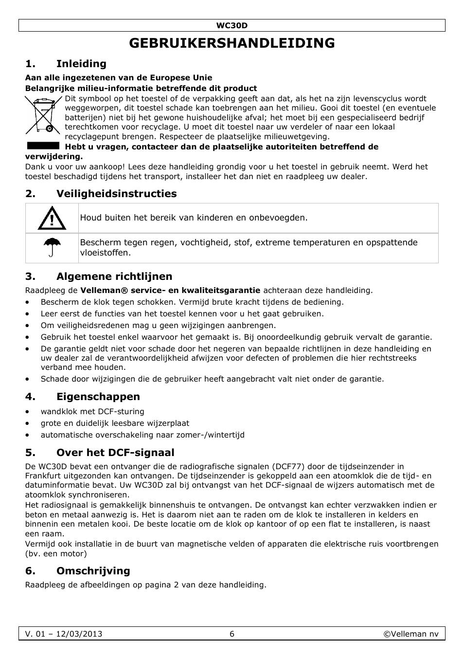 Gebruikershandleiding, Inleiding, Veiligheidsinstructies | Algemene richtlijnen, Eigenschappen, Over het dcf-signaal, Omschrijving | Velleman WC30D User Manual | Page 6 / 26