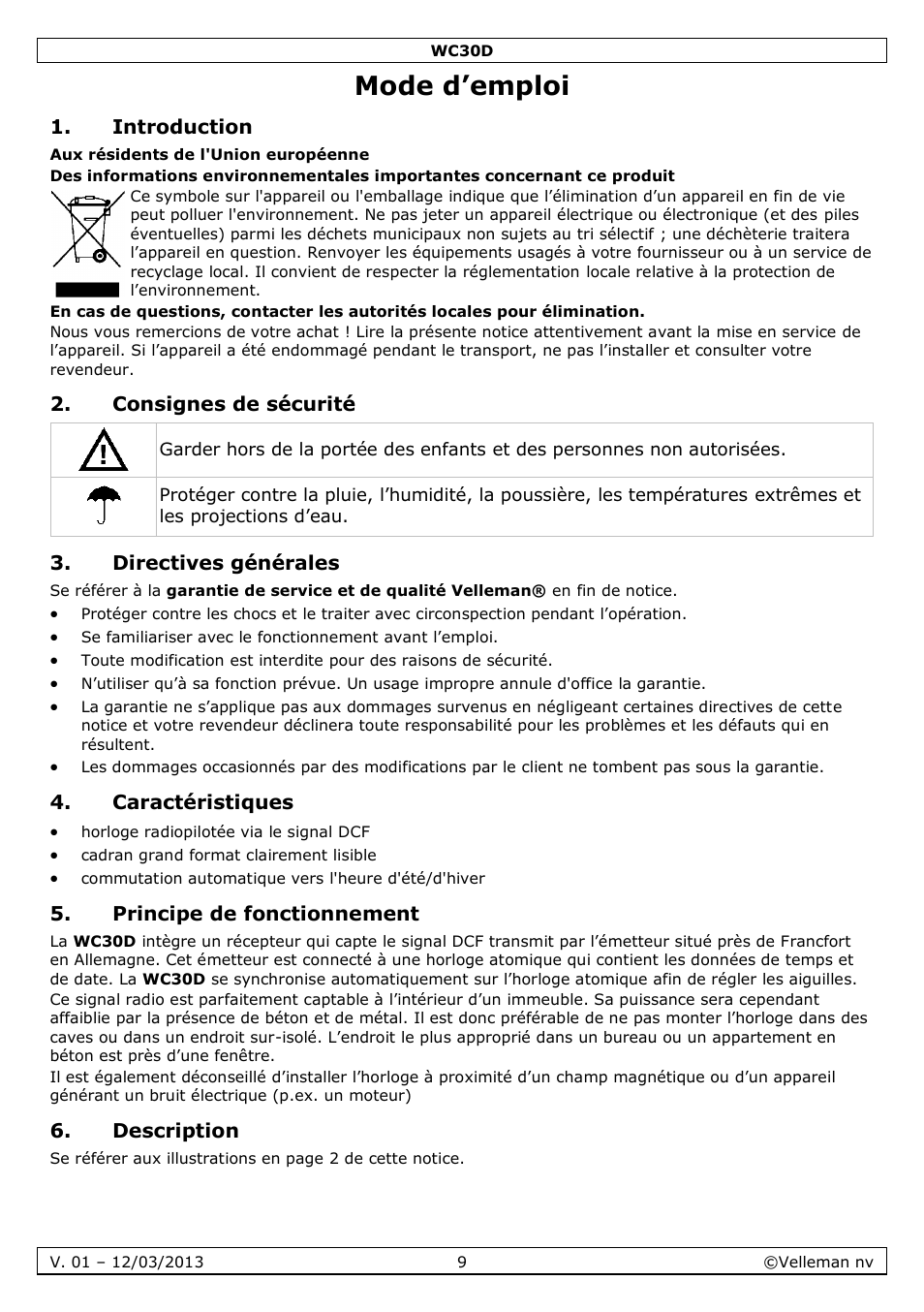 Mode d’emploi, Introduction, Consignes de sécurité | Directives générales, Caractéristiques, Principe de fonctionnement, Description | Velleman WC30D User Manual | Page 9 / 26