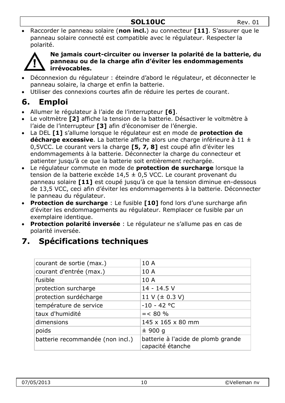 Emploi, Spécifications techniques | Velleman SOL10UC User Manual | Page 10 / 20