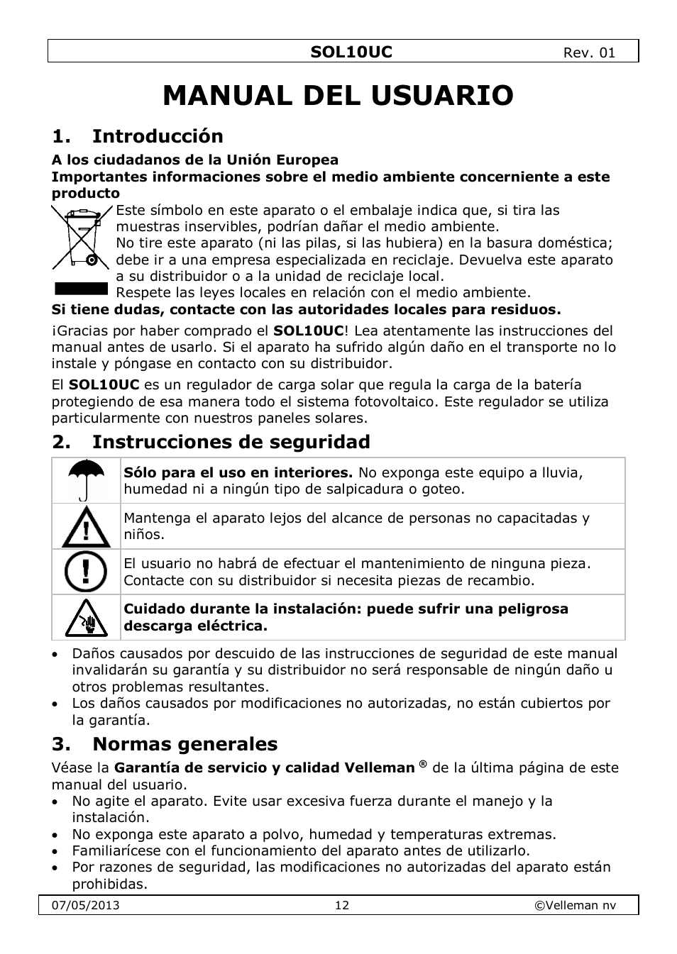 Manual del usuario, Introducción, Instrucciones de seguridad | Normas generales | Velleman SOL10UC User Manual | Page 12 / 20