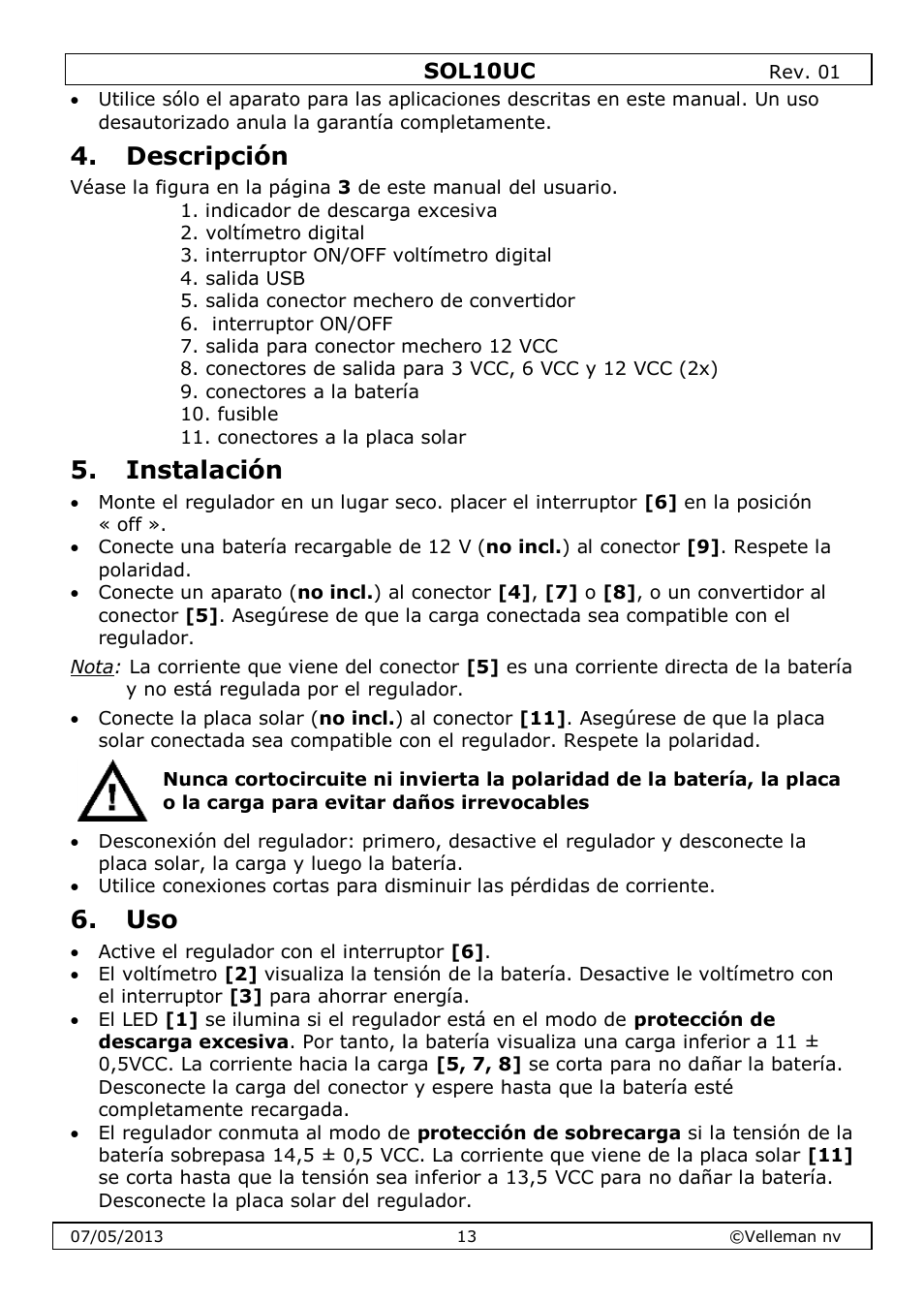 Descripción, Instalación | Velleman SOL10UC User Manual | Page 13 / 20