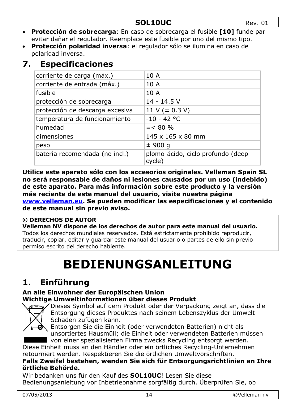 Especificaciones, Bedienungsanleitung, Einführung | Velleman SOL10UC User Manual | Page 14 / 20