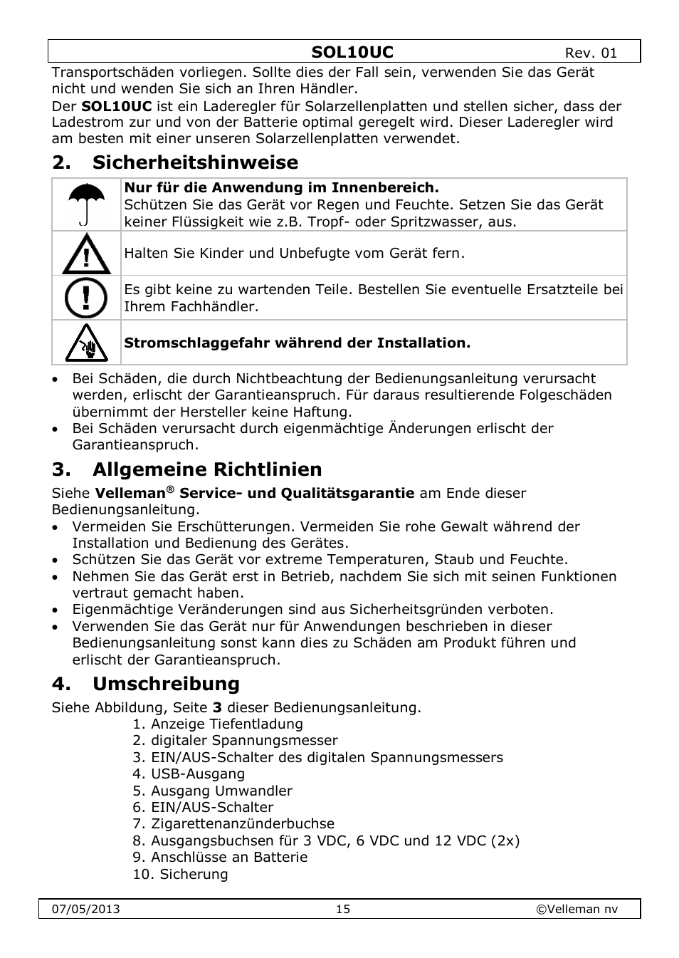 Sicherheitshinweise, Allgemeine richtlinien, Umschreibung | Velleman SOL10UC User Manual | Page 15 / 20