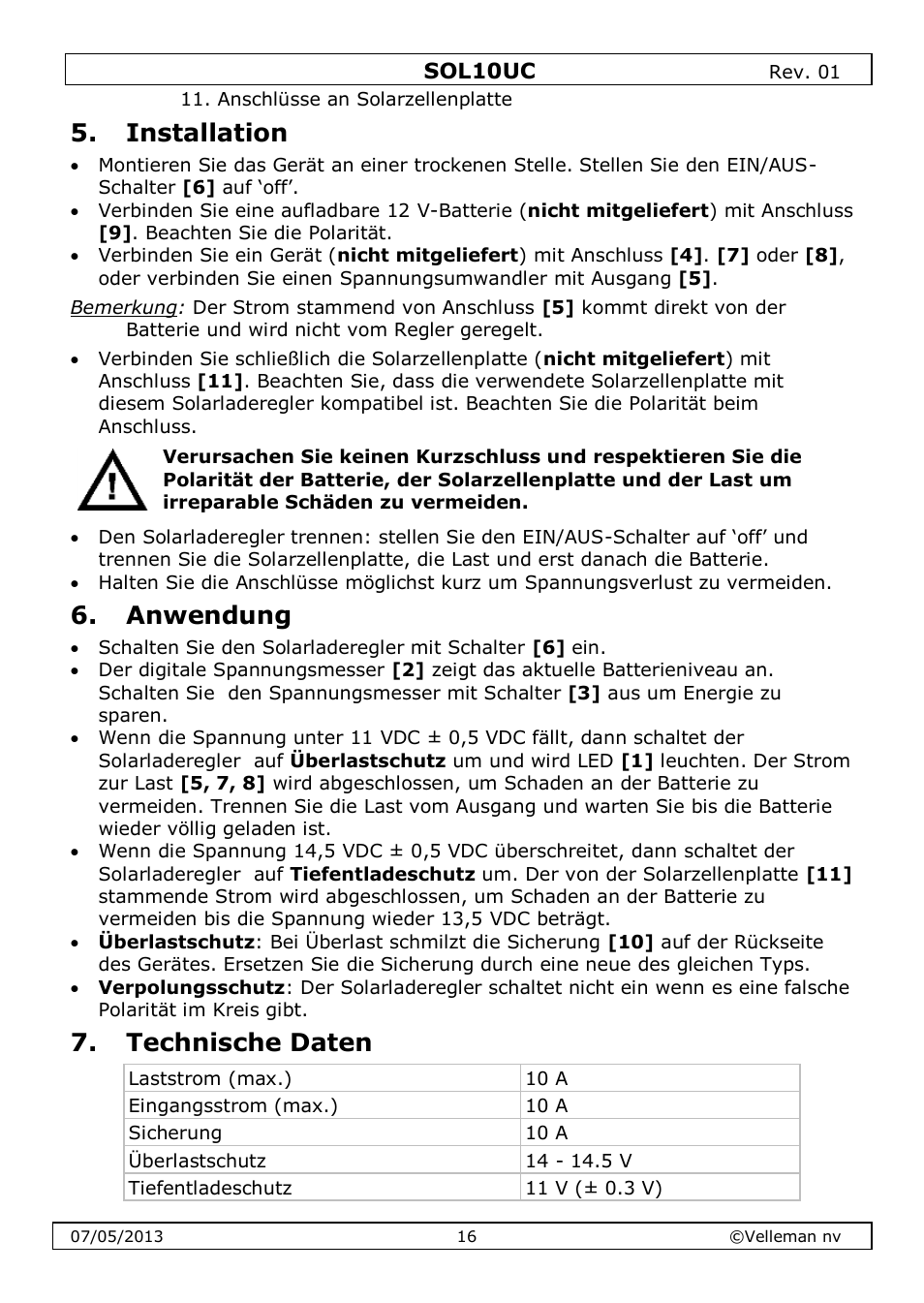 Installation, Anwendung, Technische daten | Velleman SOL10UC User Manual | Page 16 / 20