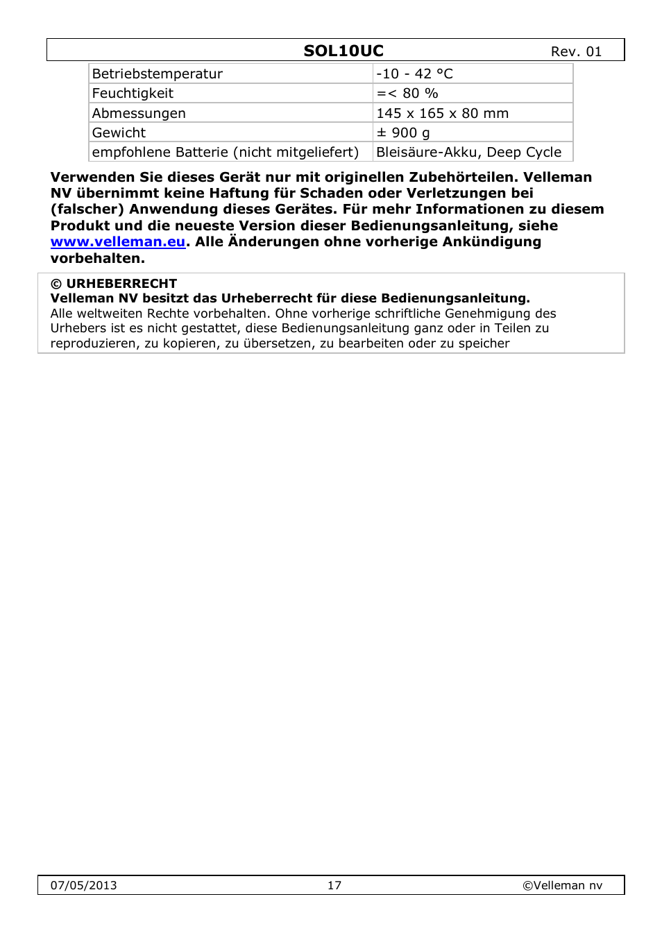 Warranty - garantie - garantia | Velleman SOL10UC User Manual | Page 17 / 20