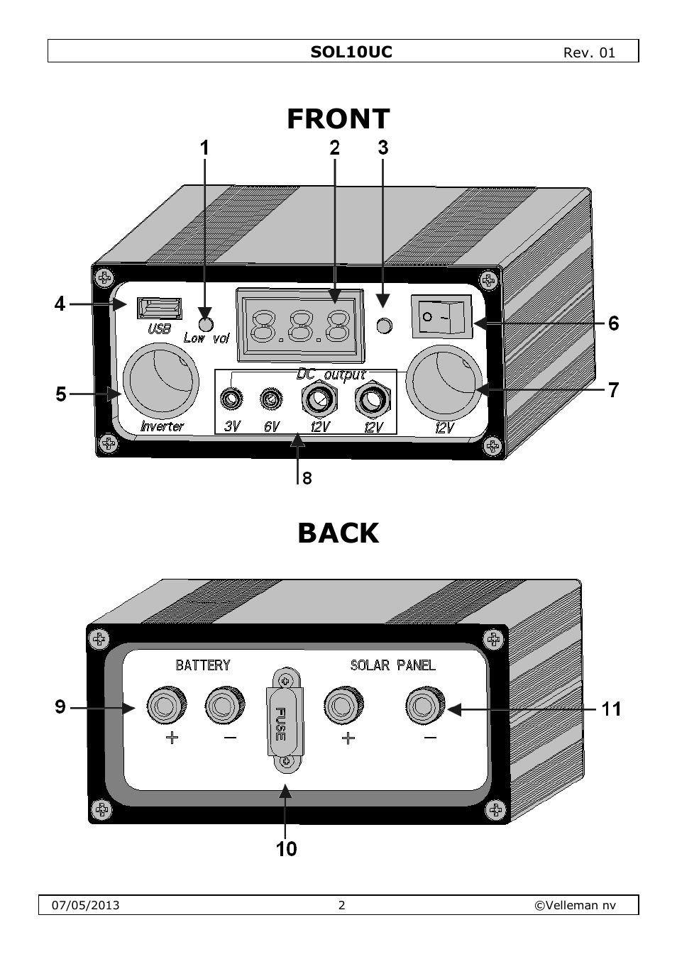 Front, Back | Velleman SOL10UC User Manual | Page 2 / 20