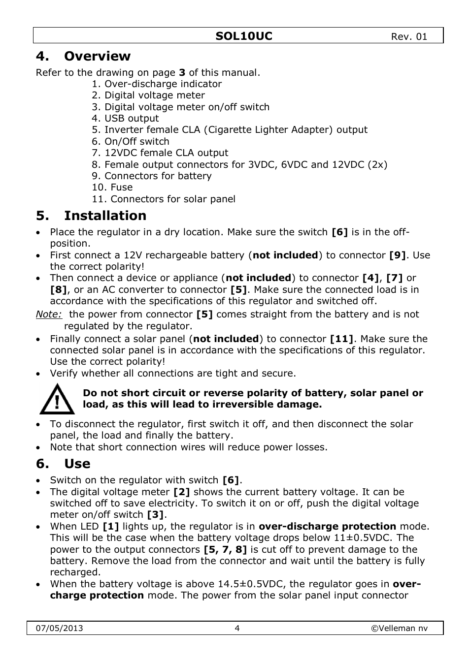 Overview, Installation | Velleman SOL10UC User Manual | Page 4 / 20