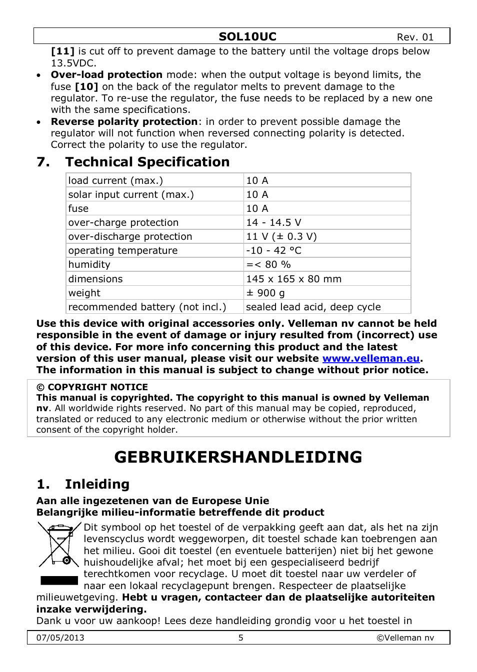 Technical specification, Gebruikershandleiding, Inleiding | Velleman SOL10UC User Manual | Page 5 / 20