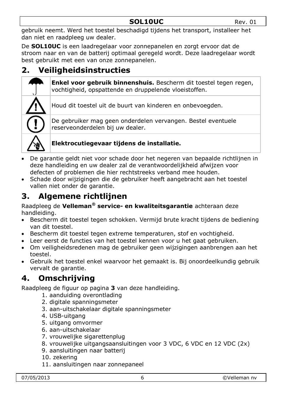 Veiligheidsinstructies, Algemene richtlijnen, Omschrijving | Velleman SOL10UC User Manual | Page 6 / 20
