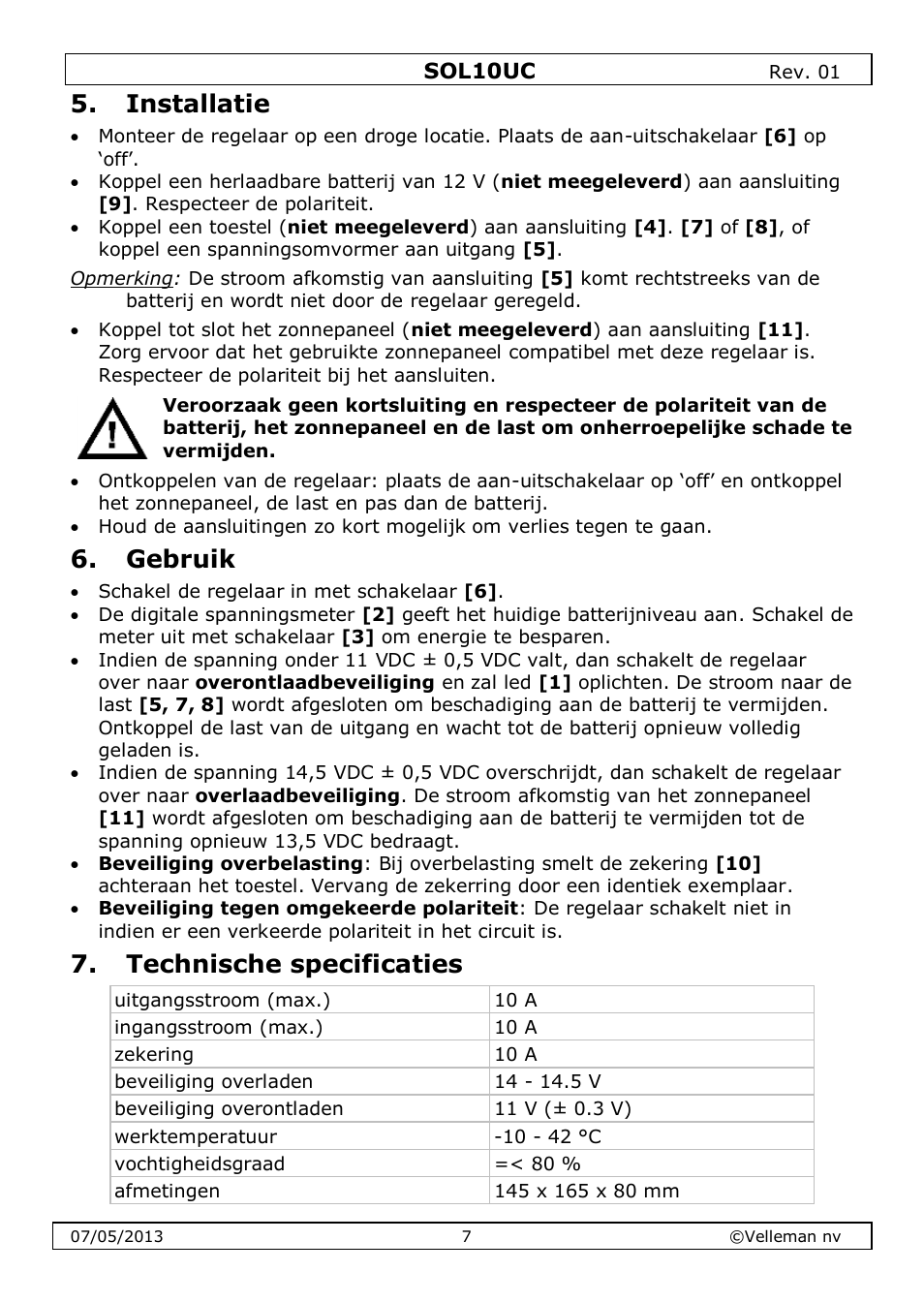 Installatie, Gebruik, Technische specificaties | Velleman SOL10UC User Manual | Page 7 / 20