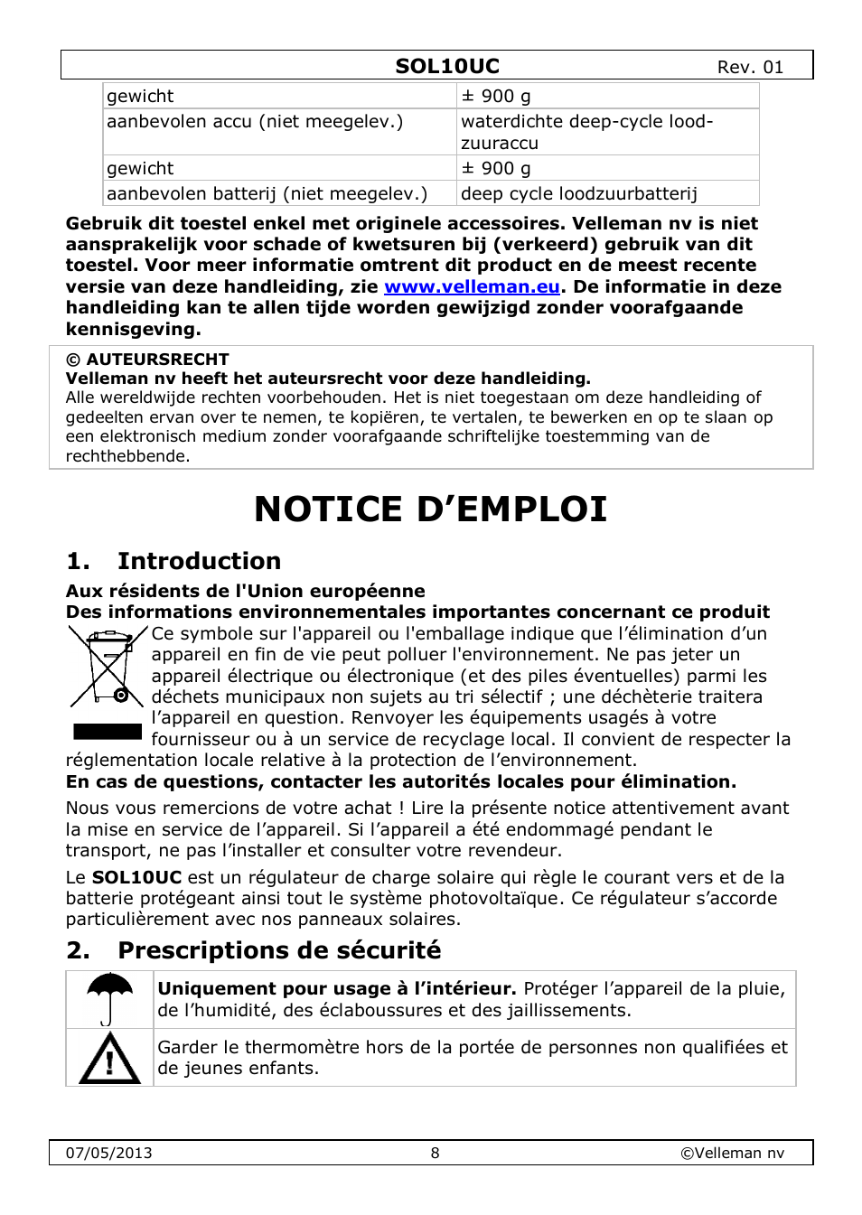 Notice d’emploi, Introduction, Prescriptions de sécurité | Velleman SOL10UC User Manual | Page 8 / 20