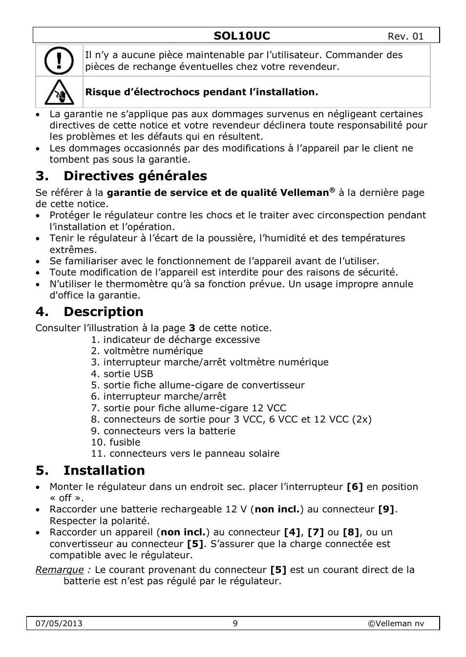 Directives générales, Description, Installation | Velleman SOL10UC User Manual | Page 9 / 20