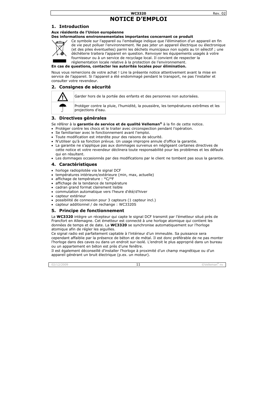 Notice d’emploi | Velleman WC3320 User Manual | Page 11 / 26