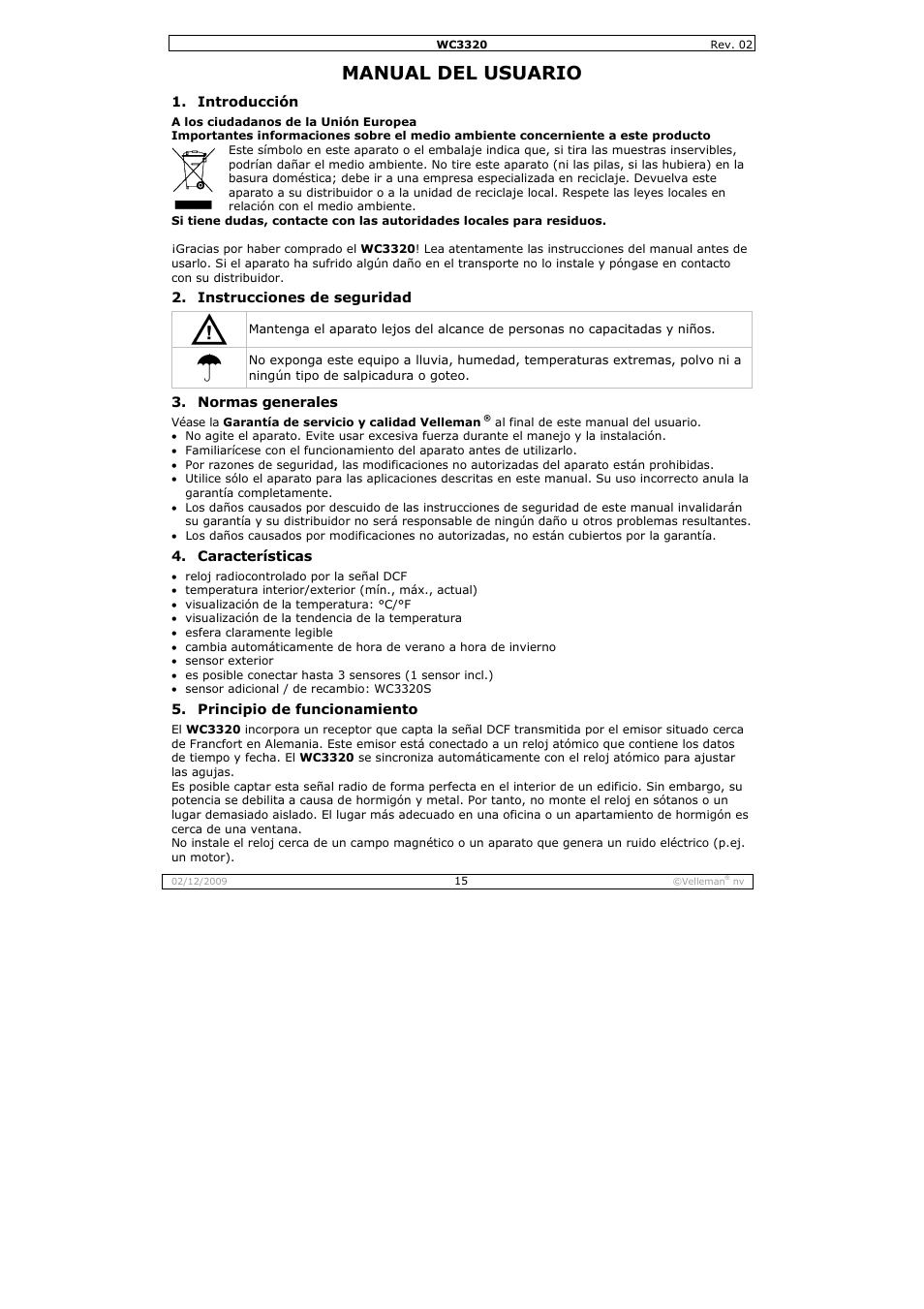 Manual del usuario | Velleman WC3320 User Manual | Page 15 / 26