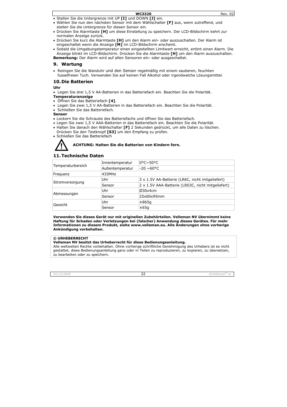 Velleman WC3320 User Manual | Page 22 / 26