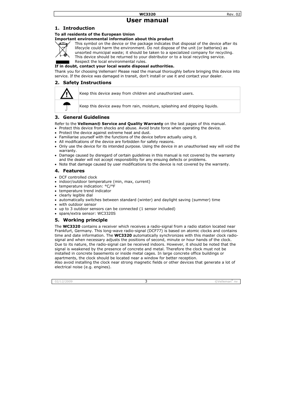 User manual | Velleman WC3320 User Manual | Page 3 / 26