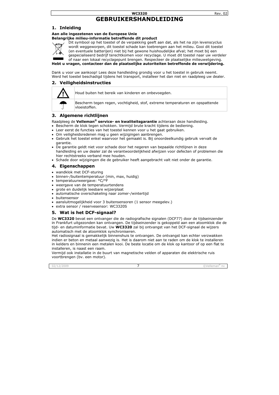 Gebruikershandleiding | Velleman WC3320 User Manual | Page 7 / 26