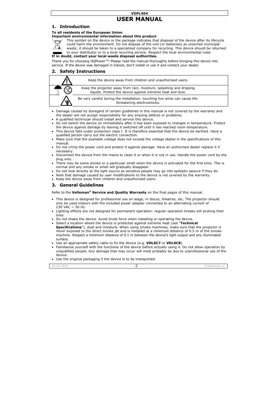 User ma, Anual | Velleman VDPL404 User Manual | Page 2 / 26