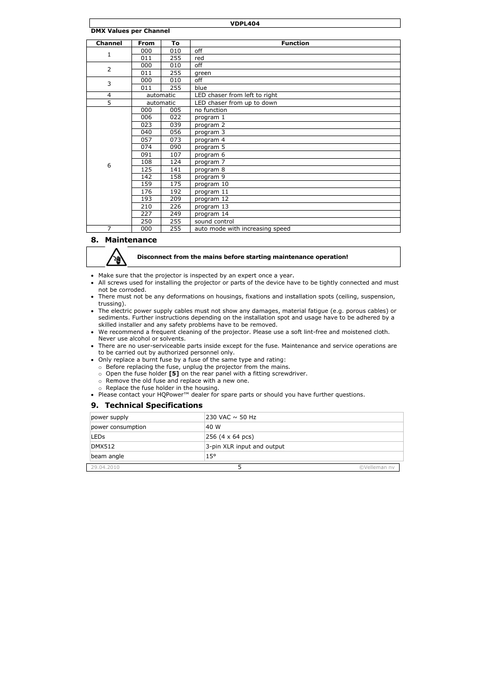 Velleman VDPL404 User Manual | Page 5 / 26