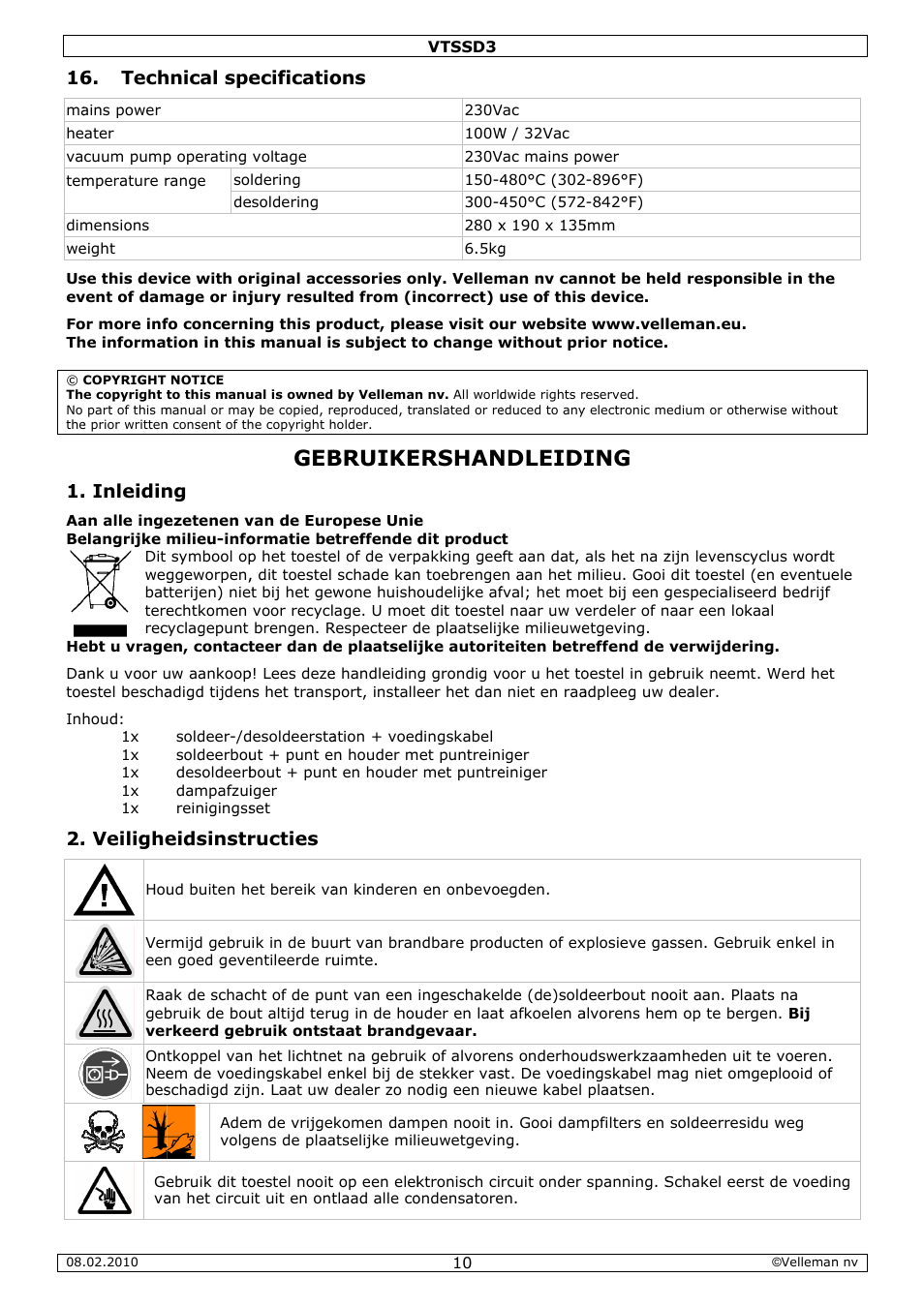 Bruike, Ershan, Ndleidi | Tech, Inleidin, Veilighe, Hnical spe, Eidsinstr, Ecificatio, Ructies | Velleman VTSSD3 User Manual | Page 10 / 51