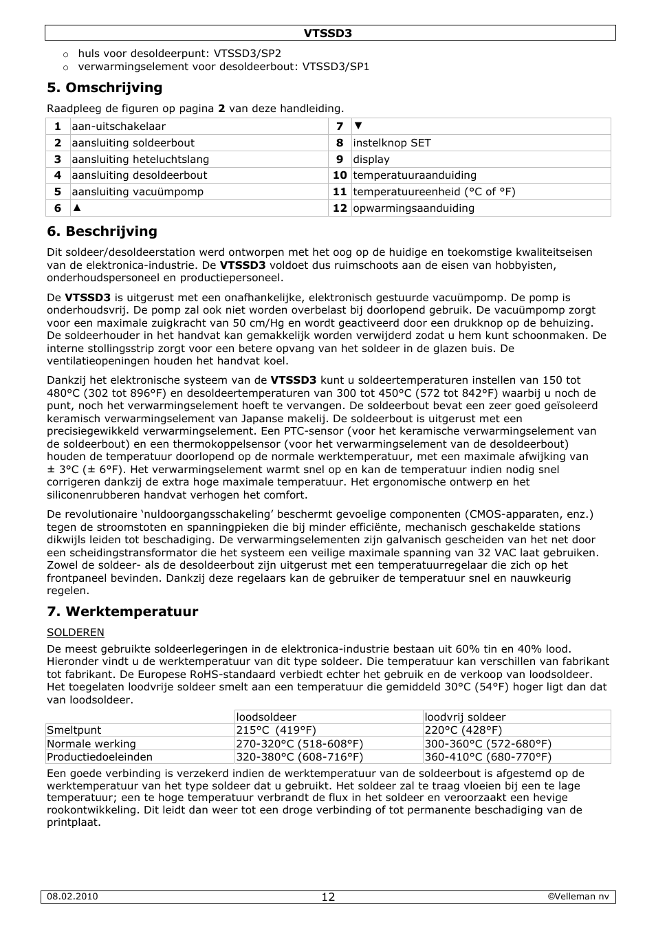 Omschrijving, Beschrijving, Werktemperatuur | Velleman VTSSD3 User Manual | Page 12 / 51