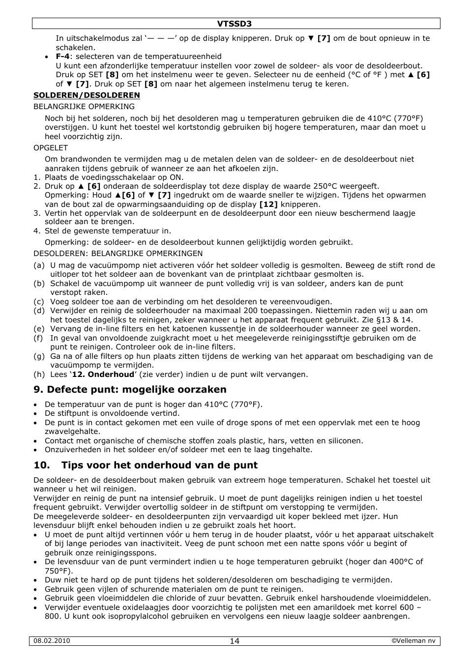 Defecte punt: mogelijke oorzaken, Tips voor het onderhoud van de punt | Velleman VTSSD3 User Manual | Page 14 / 51