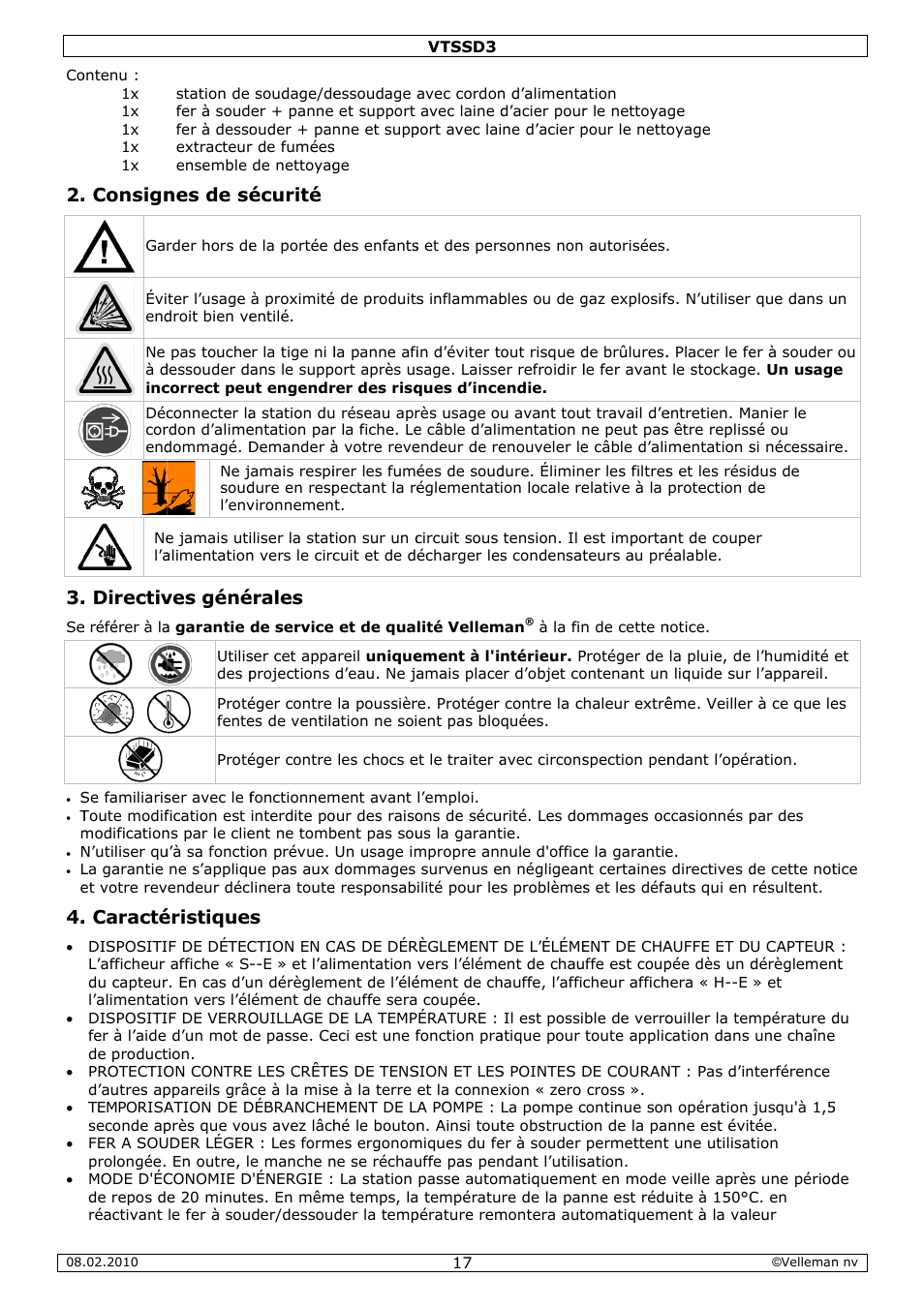 Consign, Directiv, Caracté | Nes de sé, Ves géné, Éristique, Écurité, Érales | Velleman VTSSD3 User Manual | Page 17 / 51