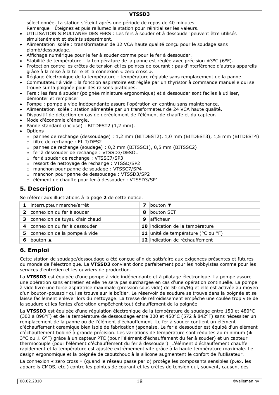 Description, Emploi | Velleman VTSSD3 User Manual | Page 18 / 51