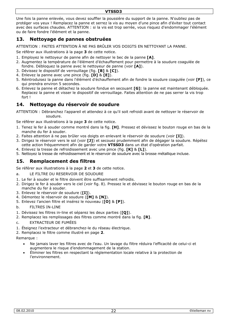 Nettoyage de pannes obstruées, Nettoyage du réservoir de soudure, Remplacement des filtres | Velleman VTSSD3 User Manual | Page 22 / 51