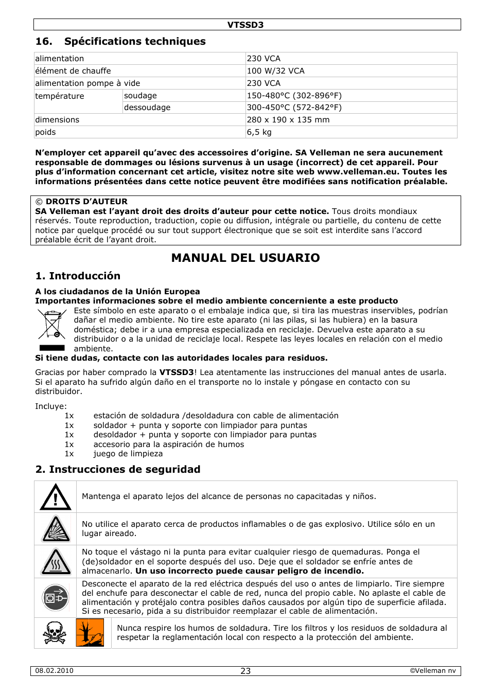 Manual, L del u, Usuari | Spéc, Introdu, Instruc, Cification, Ucción, Cciones d, Ns techni | Velleman VTSSD3 User Manual | Page 23 / 51