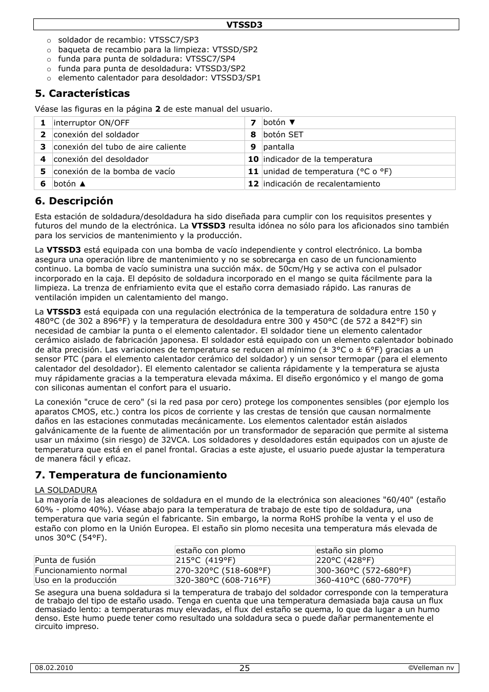 Características, Descripción, Temperatura de funcionamiento | Velleman VTSSD3 User Manual | Page 25 / 51