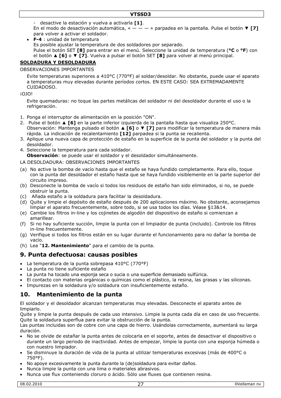 Punta defectuosa: causas posibles, Mantenimiento de la punta | Velleman VTSSD3 User Manual | Page 27 / 51
