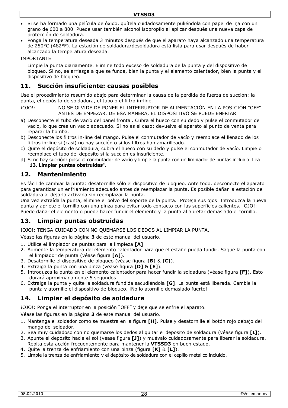 Succión insuficiente: causas posibles, Mantenimiento, Limpiar puntas obstruidas | Limpiar el depósito de soldadura | Velleman VTSSD3 User Manual | Page 28 / 51